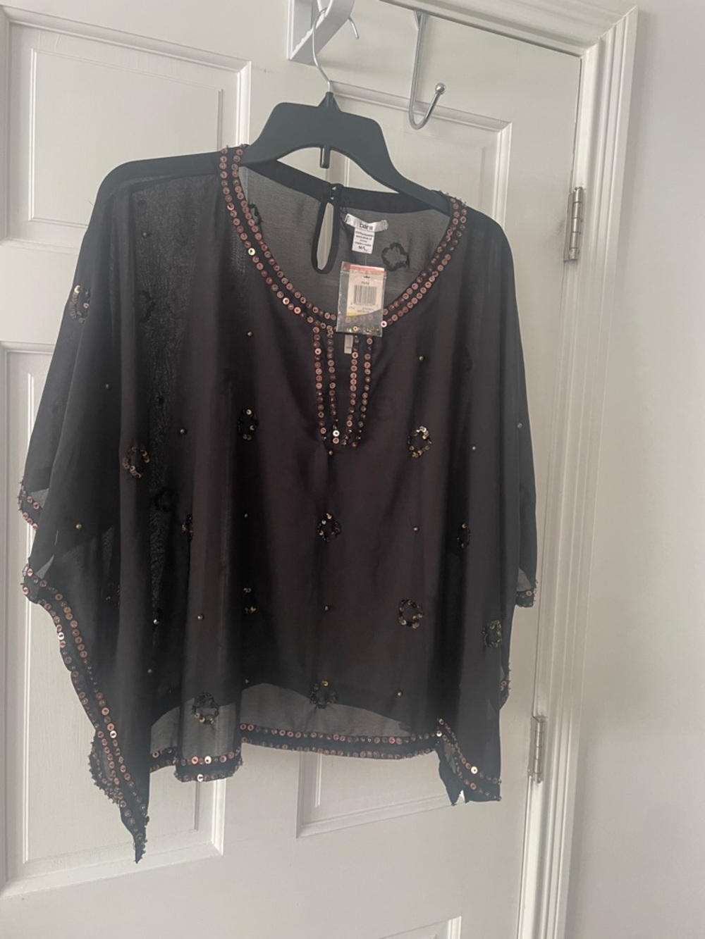 Bar III Black Sheer Beaded Poncho Top